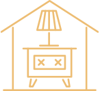 Gold outline icon of staged home with lamp and side table