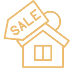 Gold outline icon of a house with sale sign