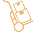 Gold outline icon of a hand truck with stacked moving boxes