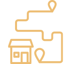 Gold outline icon of a house with a travel route to destination